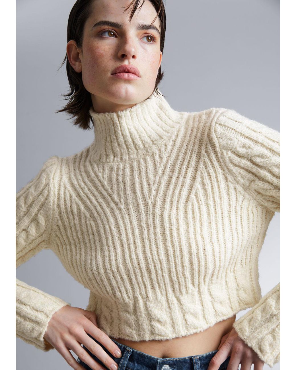 & Other Stories Cropped Cable Knit Sweater in White | Lyst