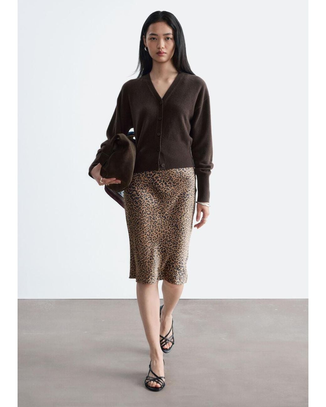 & Other Stories Brown Leopard Print Satin Skirt