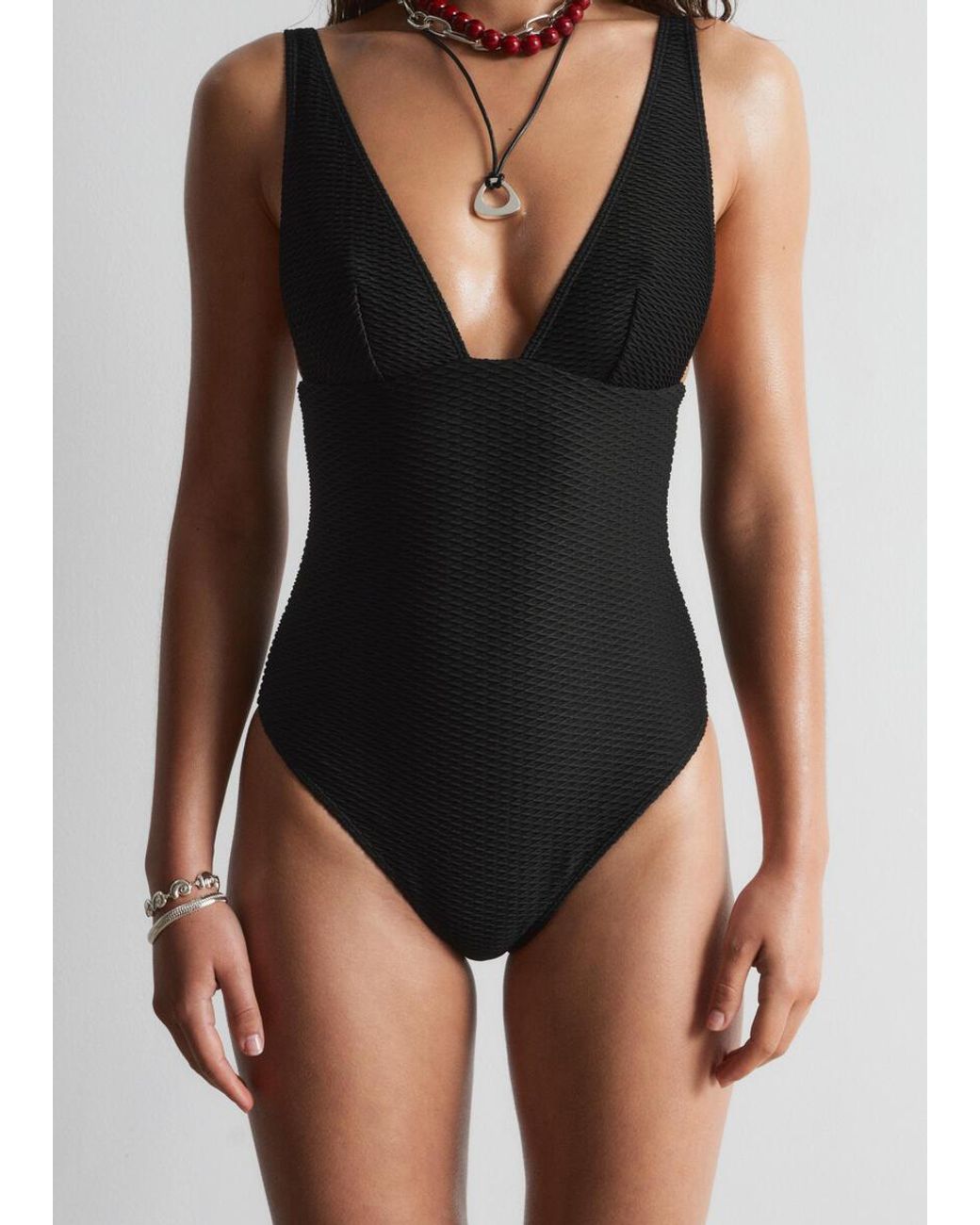 & Other Stories Black Textured Swimsuit