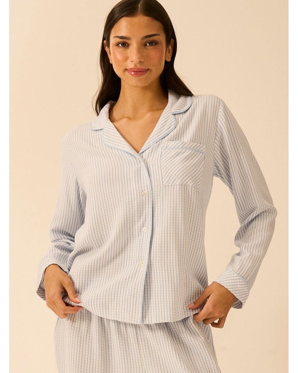 Stripe & Stare Soft Brushed Woven Pyjama Top in Natural | Lyst UK