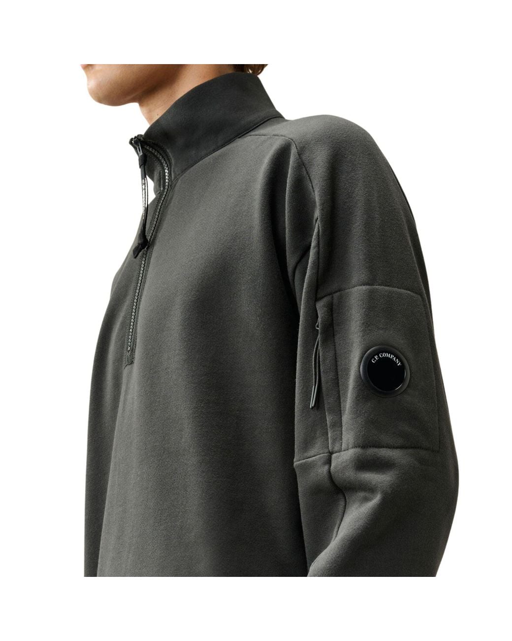 C P Company Green C.P. Company Diagonal Raised Fleece Lens Half Zip Sweatshirt for men