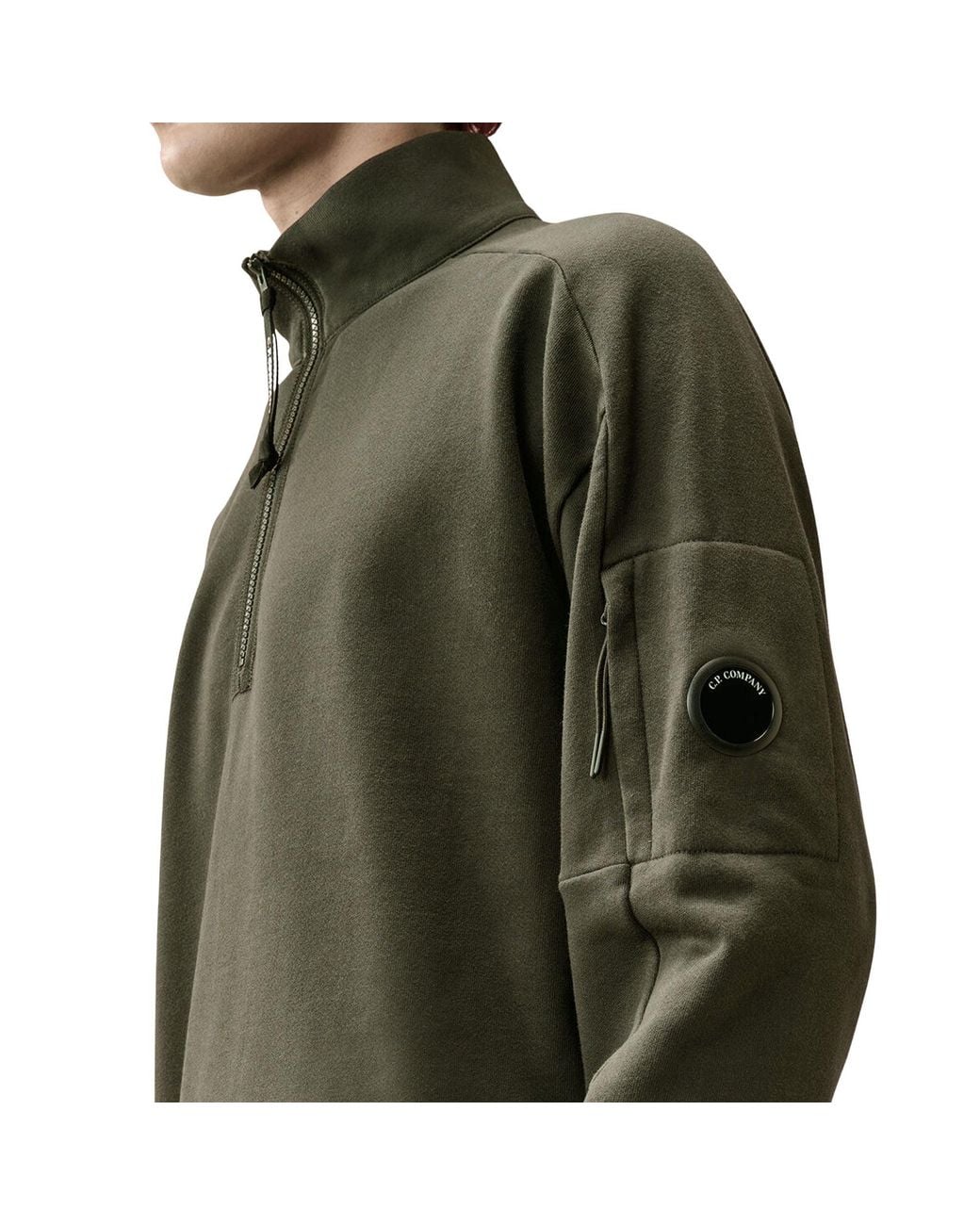C P Company Green C.P. Company Diagonal Raised Fleece Lens Half Zip Sweatshirt for men