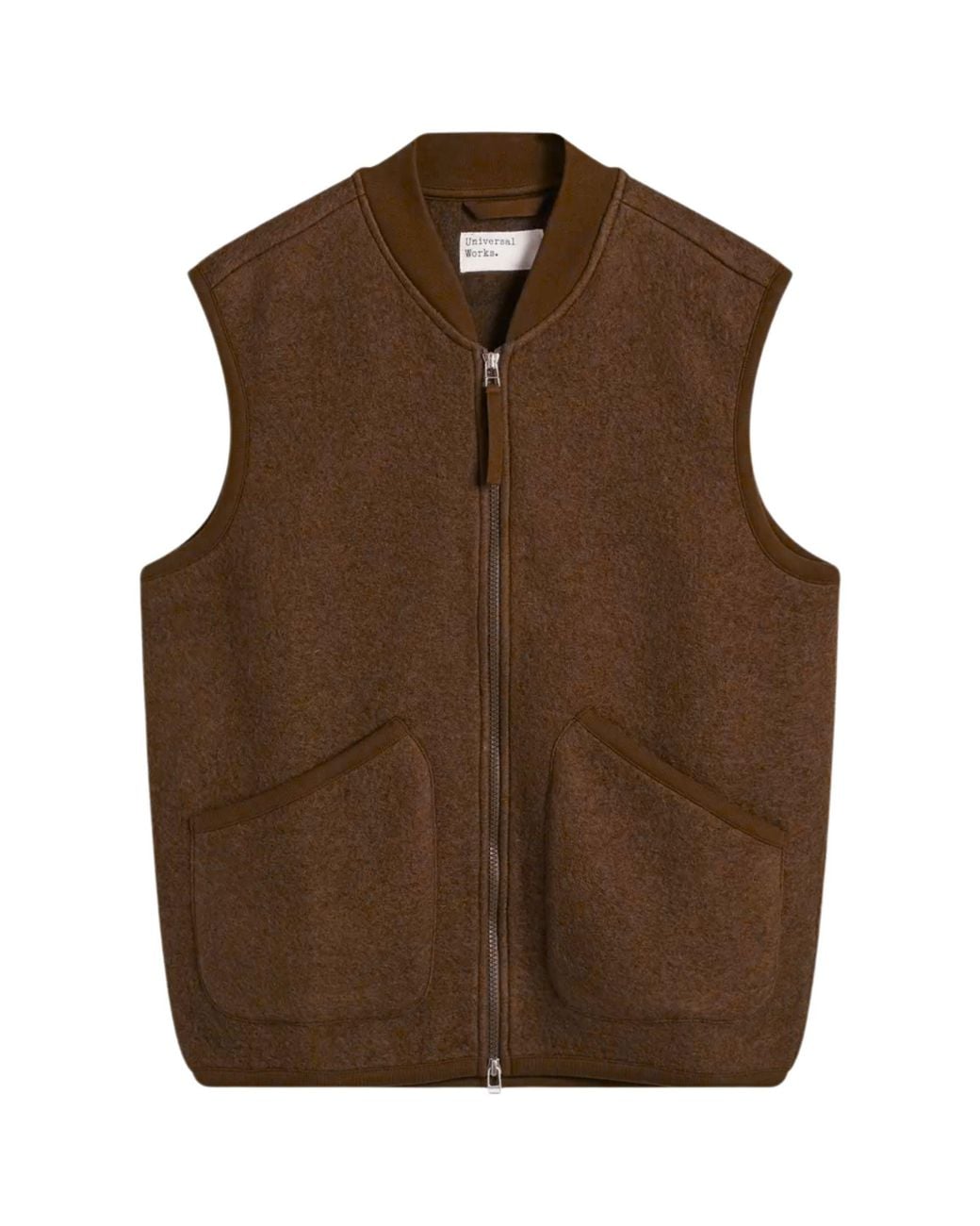 Universal Works Brown Zip Waistcoat Wool Fleece for men