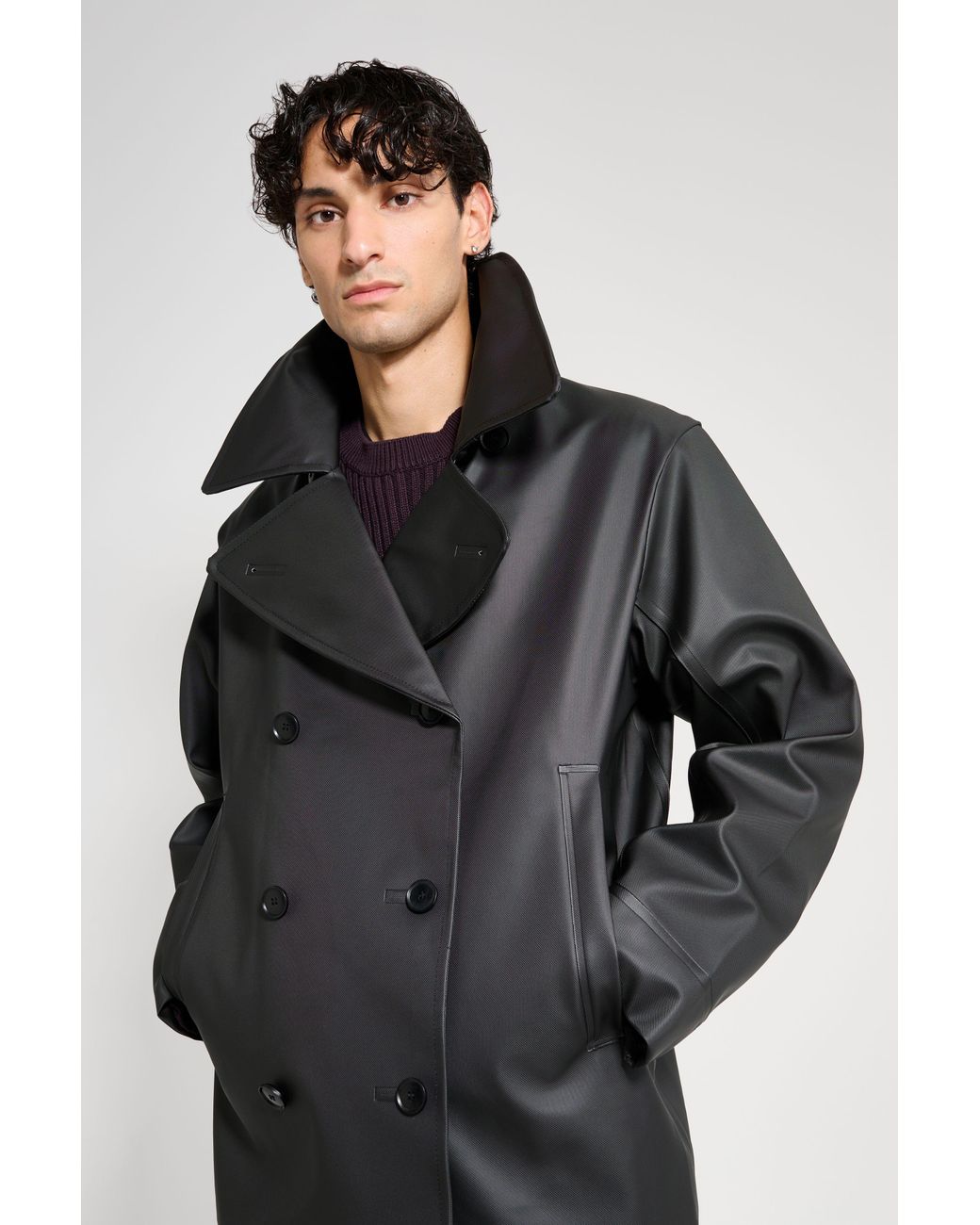 Stutterheim Black Tranholmen Double Breasted Raincoat for men