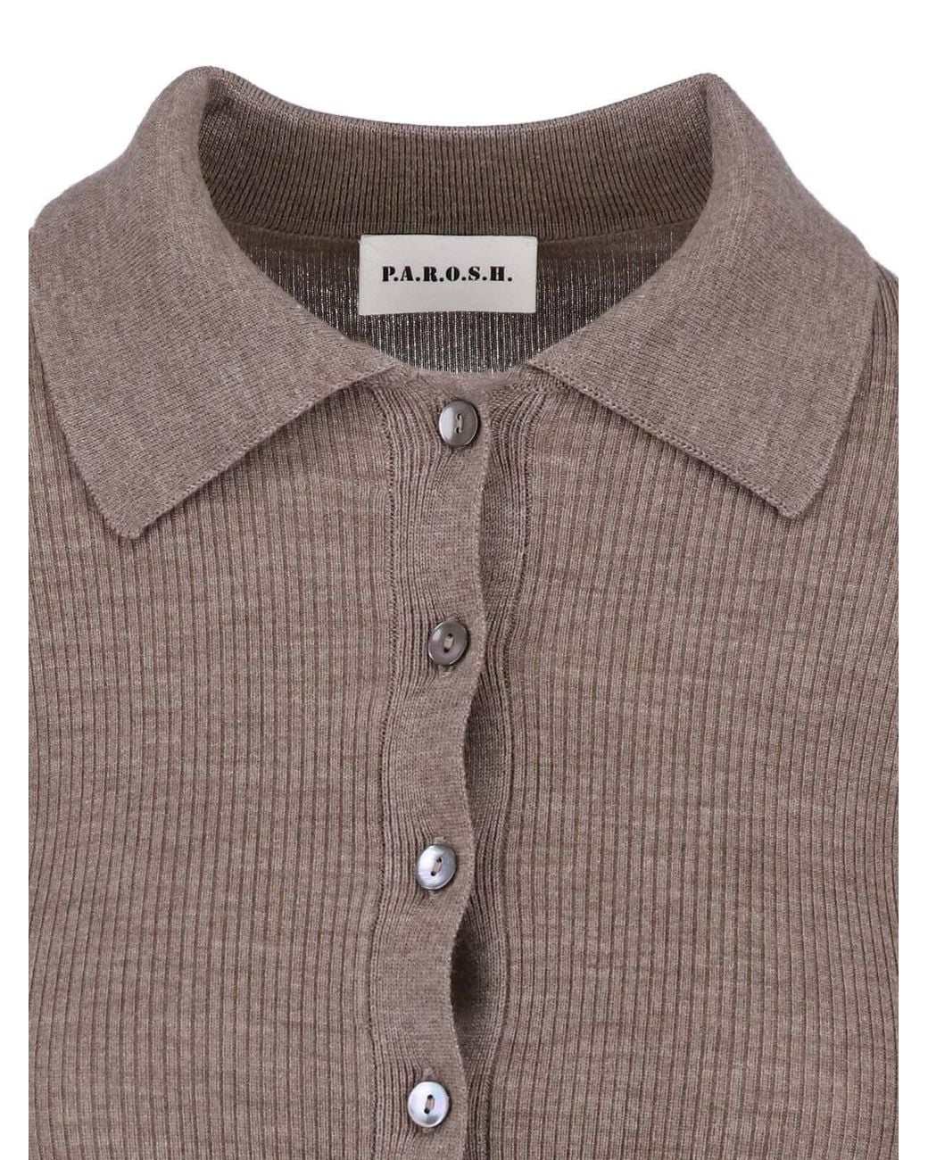 P.A.R.O.S.H. Brown Ribbed Knit Long Sleeve Polo Top