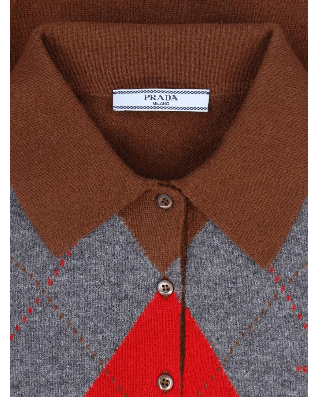 Prada Red Argyle Cashmere Polo Sweater