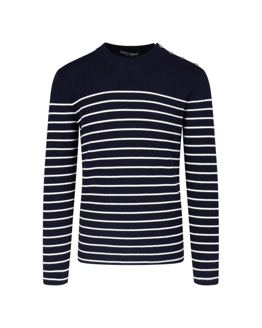 Dolce & Gabbana Blue Striped Knit Sweater With Button Shoulder Detail for men