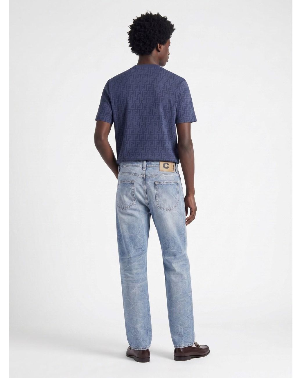Fendi Blue Cotton Logo T-Shirt for men
