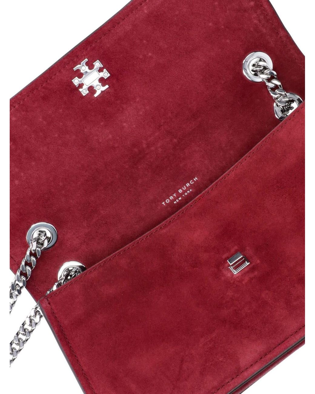 Tory Burch Red Suede Flap Shoulder Bag With Chain Strap