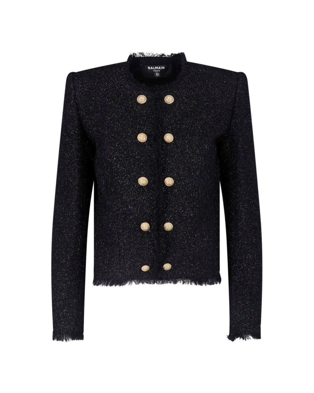 Balmain Blue Cropped Tweed-Style Fringe Trim Jacket