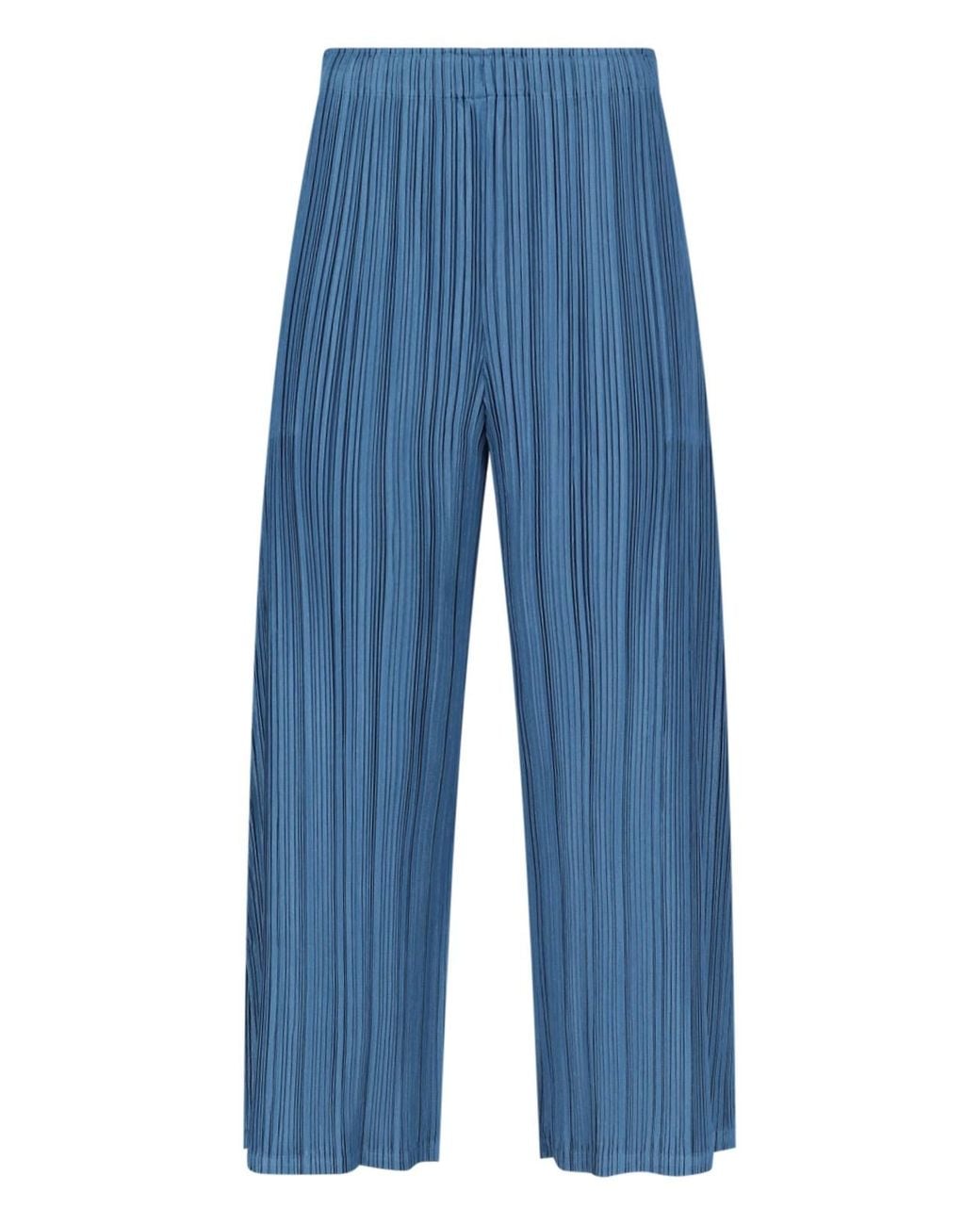 Pleats Please Issey Miyake Blue Pleated Wide-Leg Trousers