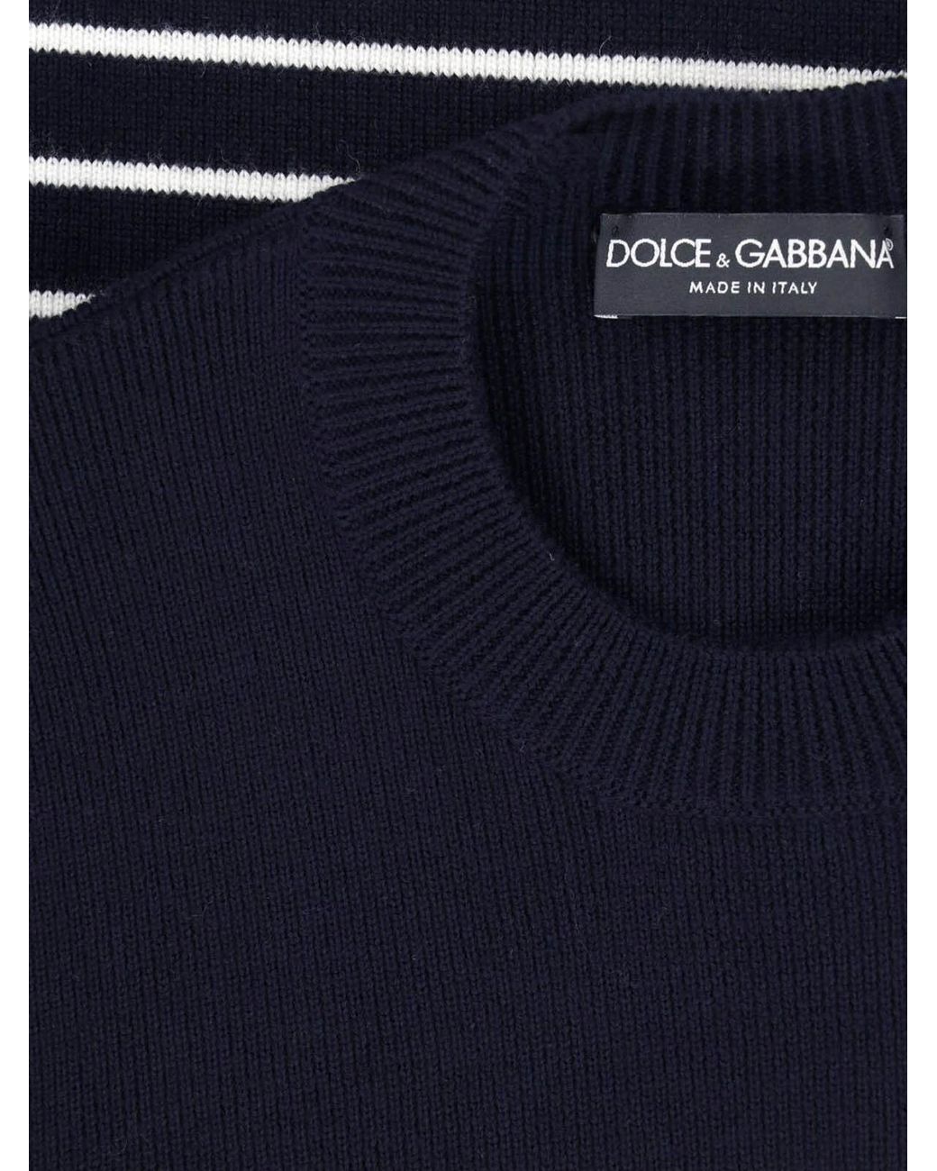 Dolce & Gabbana Blue Striped Knit Sweater With Button Shoulder Detail for men