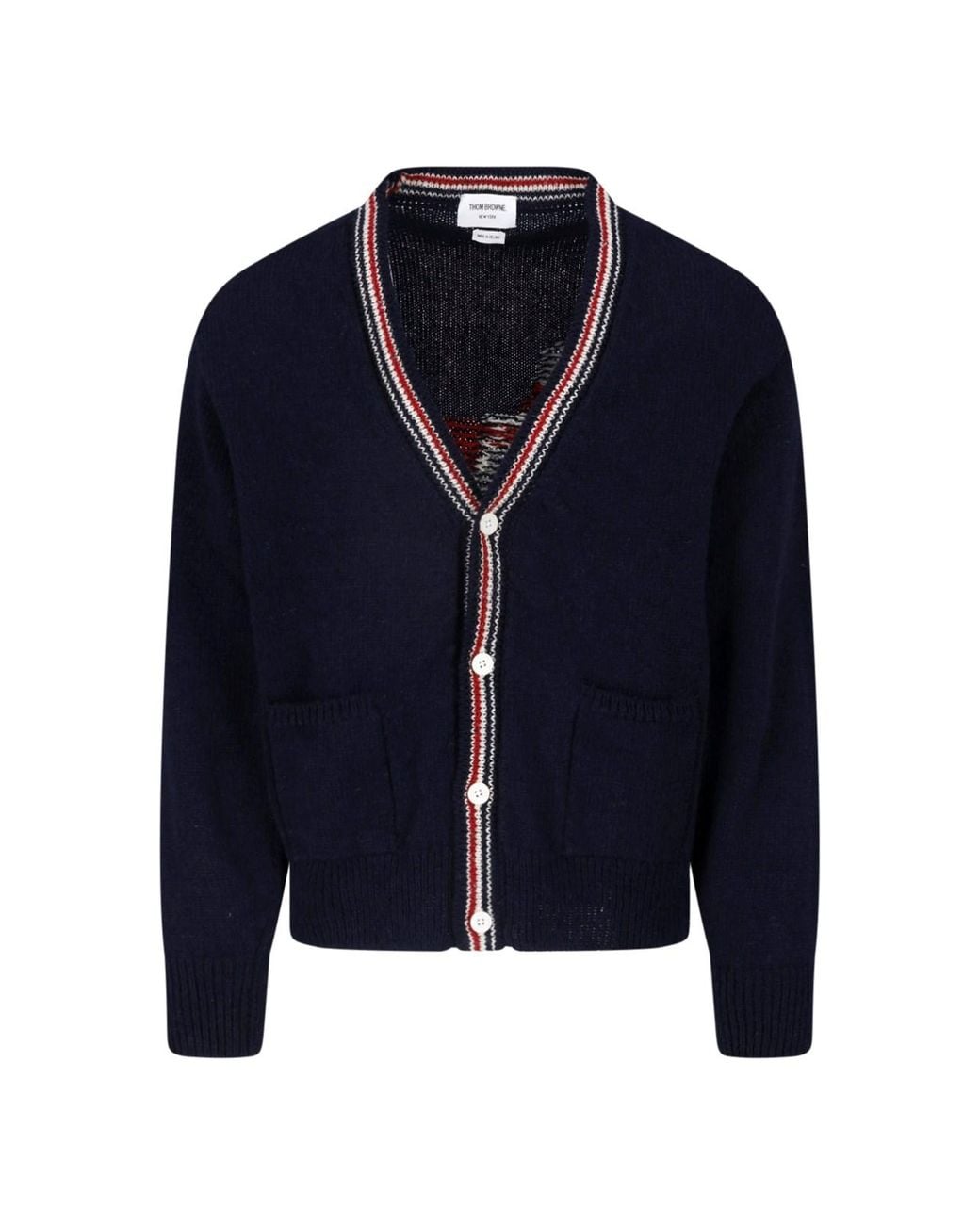 Thom Browne Blue Striped Trim V-Neck Cardigan for men