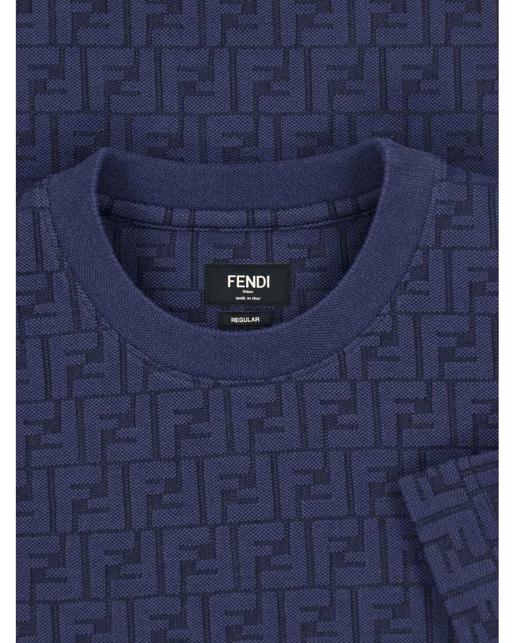 Fendi Blue Cotton Logo T-Shirt for men