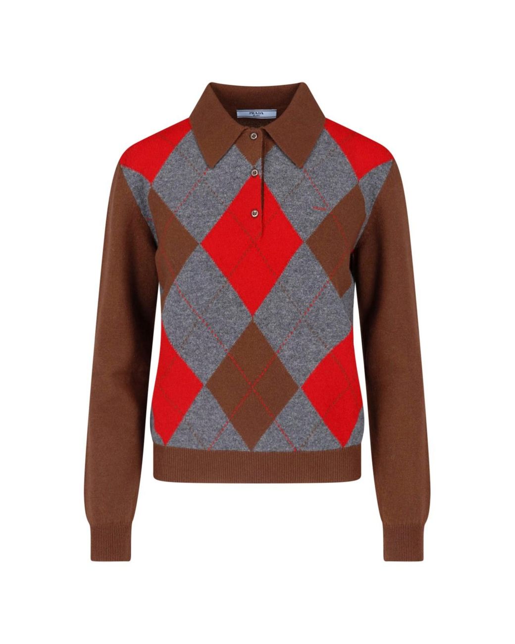 Prada Red Argyle Cashmere Polo Sweater