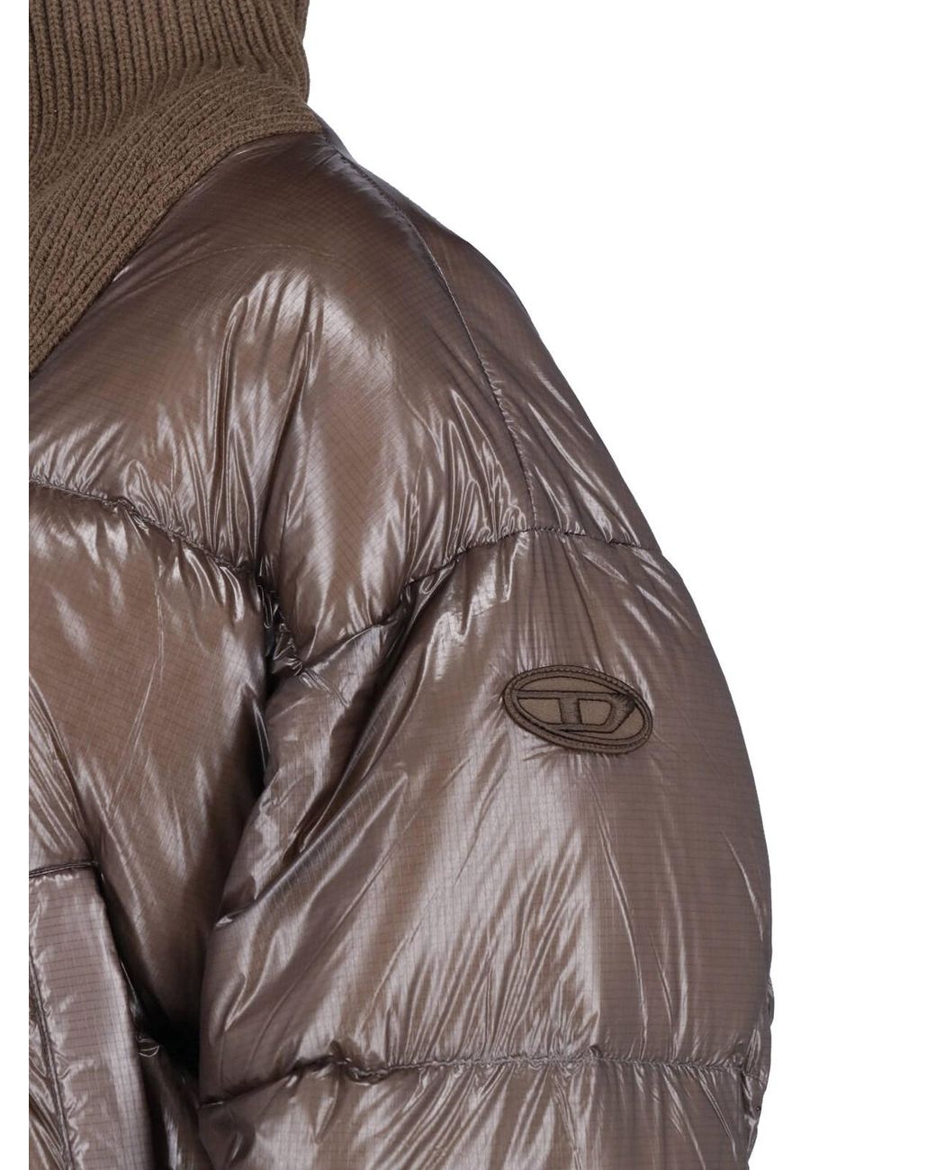 DIESEL Brown Cropped Puffer Jacket With Ribbed Knit Collar And Embroidered Detail