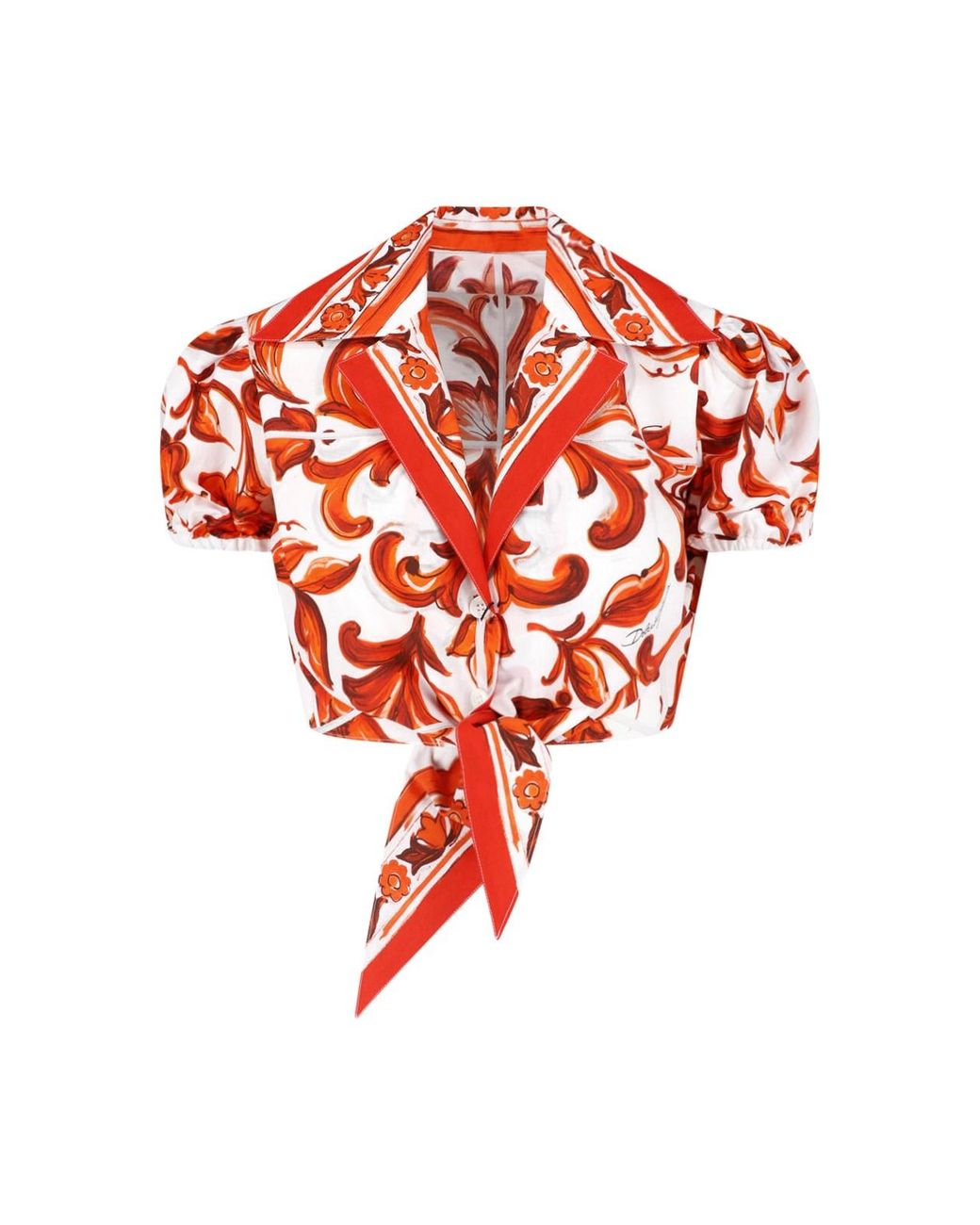 Dolce & Gabbana Red Printed Tie-Front Puff Sleeve Crop Blouse