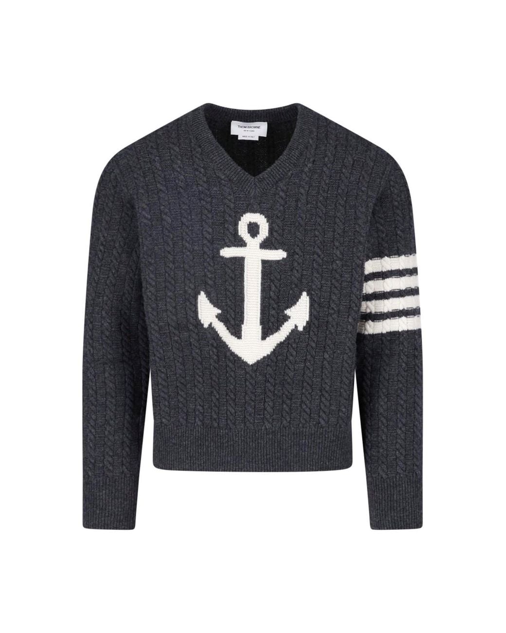 Thom Browne Blue Anchor Intarsia V-Neck Cable-Knit Sweater for men