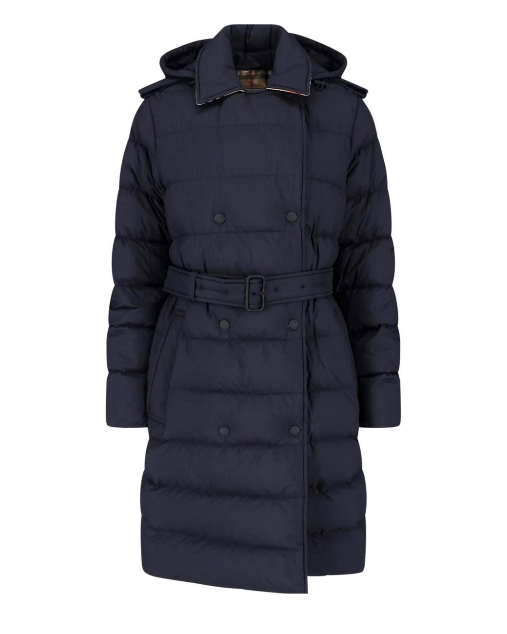Burberry Blue Long Quilted Hooded Puffer Coat With Belt