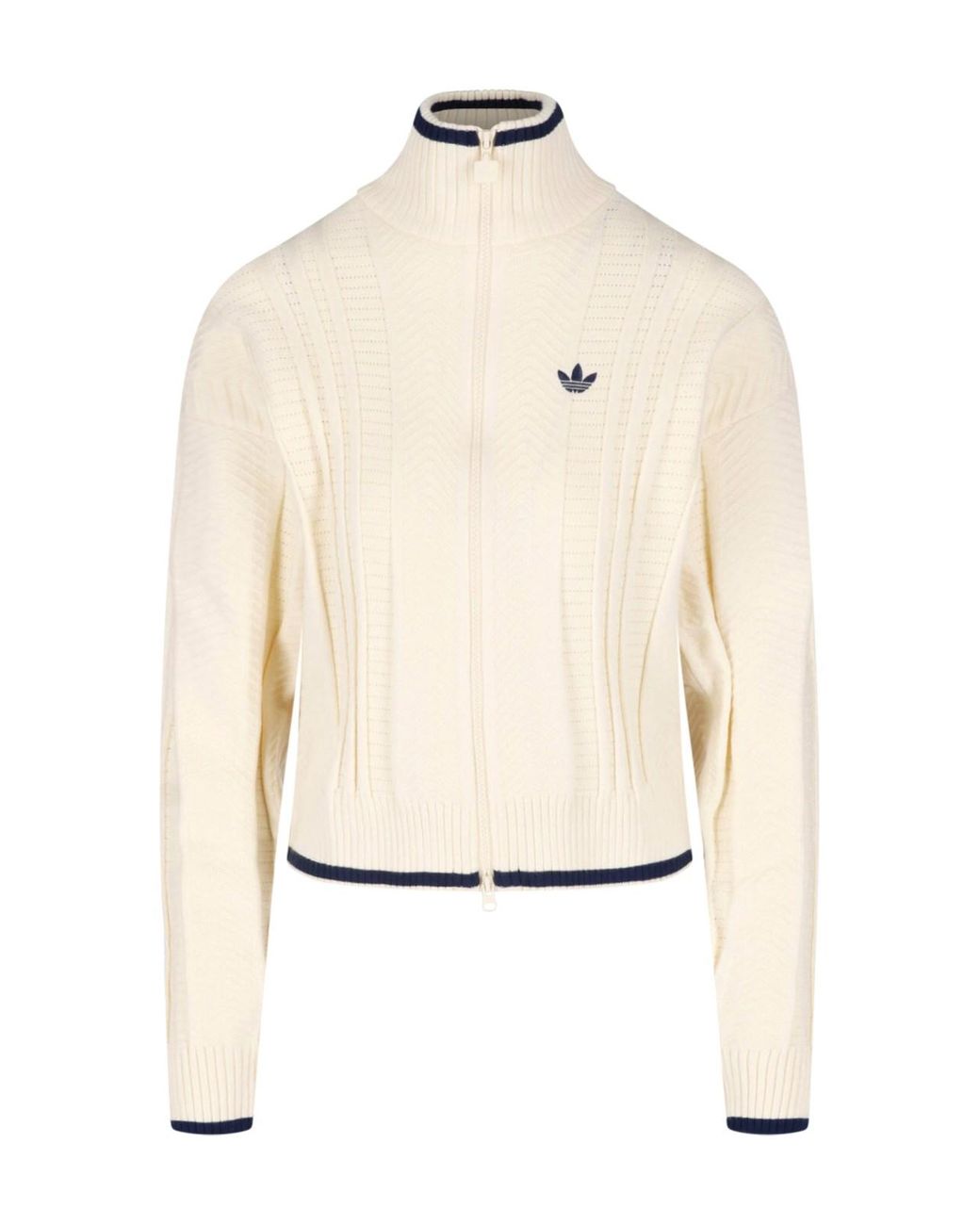 Adidas White Ribbed Zip-Up Knit Jacket