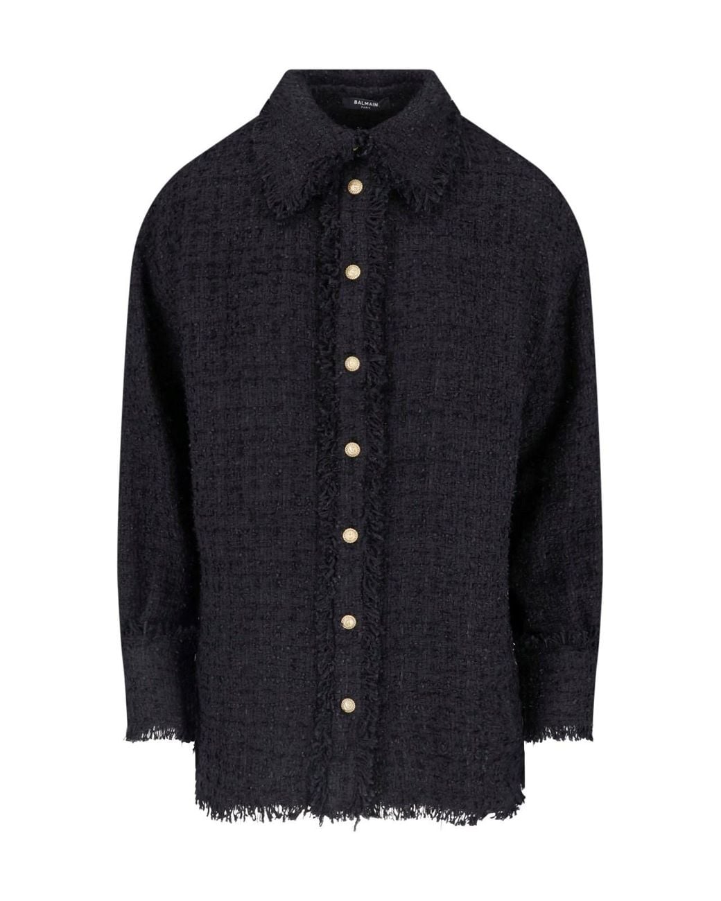 Balmain Blue Fringe-Trim Tweed Shirt Jacket