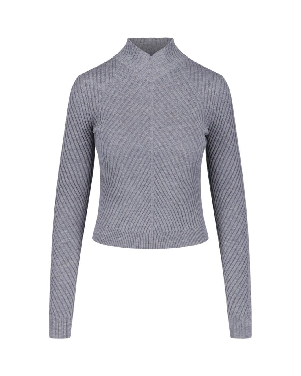 Victoria Beckham Blue Fitted Ribbed Knit Sweater With Subtle V-Neckline