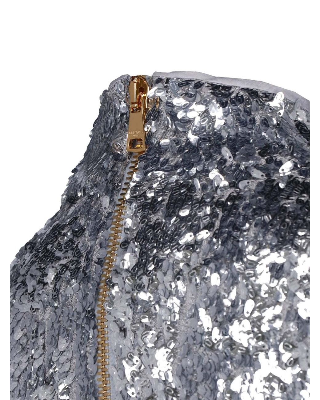 Balmain Blue Mini Sequined High-Neck Long-Sleeve Dress
