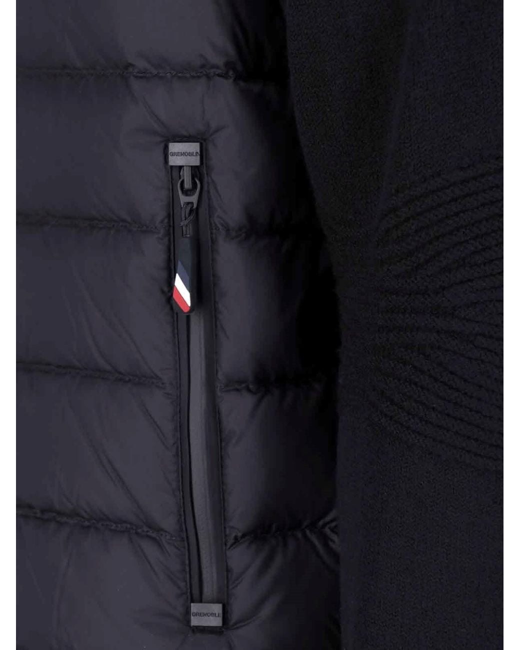 Moncler Blue Down-Filled Long Season Front Wool Sweater With Rib Knit And Snap Collar for men