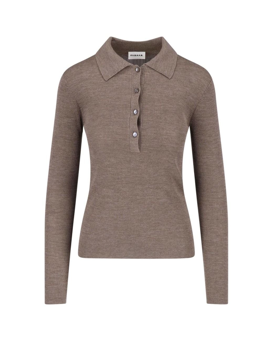 P.A.R.O.S.H. Brown Ribbed Knit Long Sleeve Polo Top