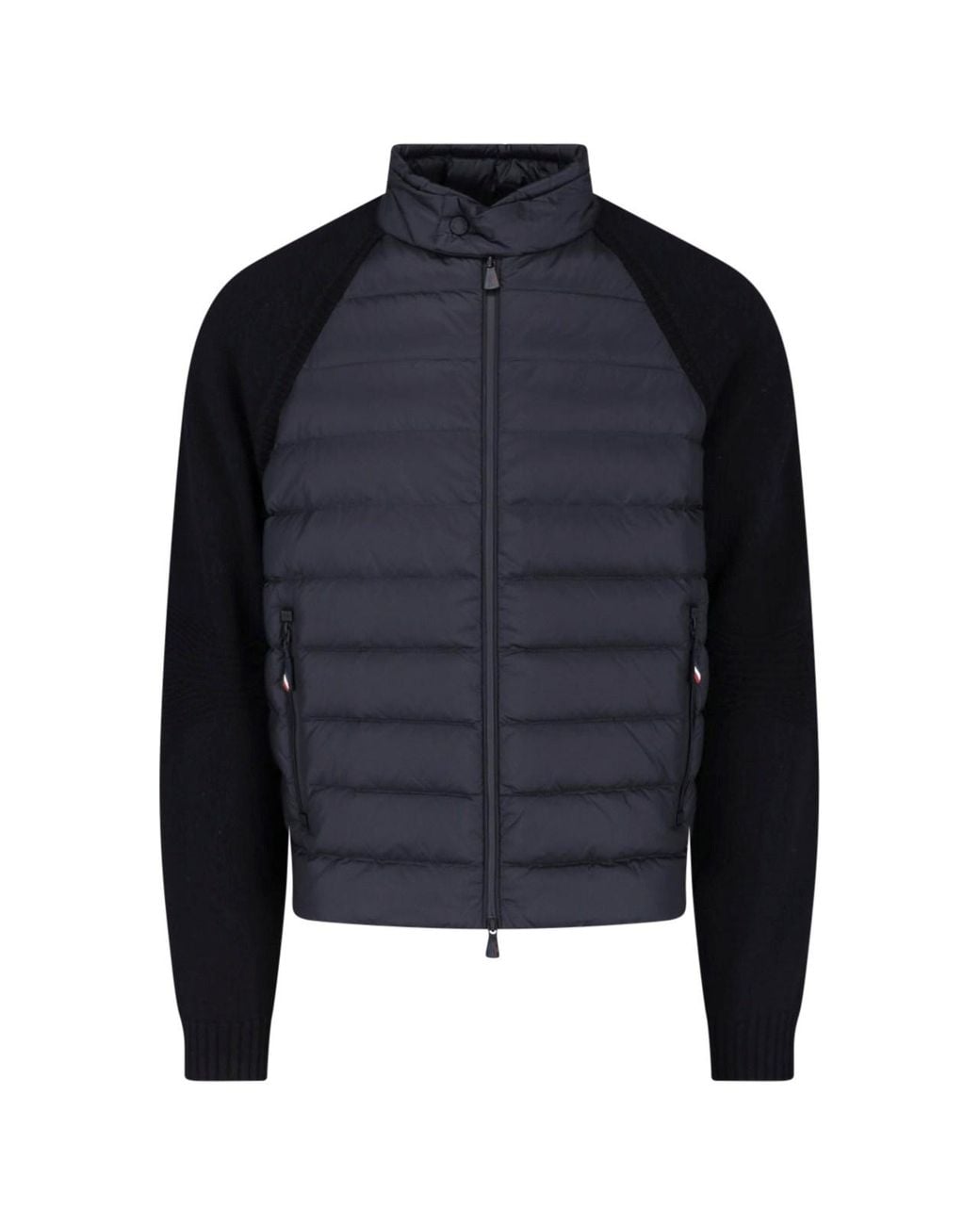 Moncler Blue Down-Filled Long Season Front Wool Sweater With Rib Knit And Snap Collar for men