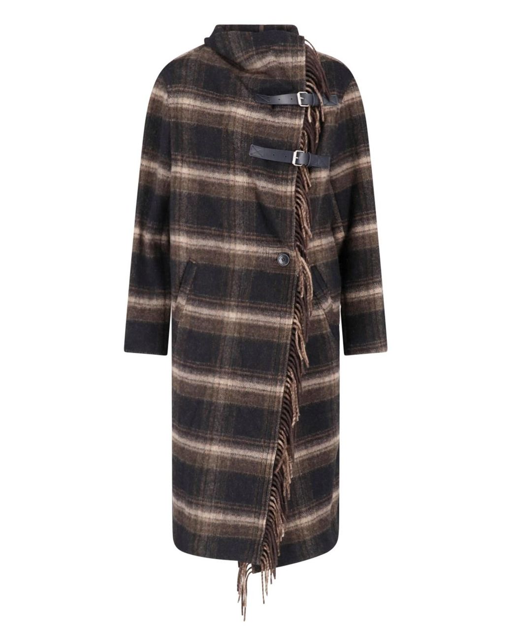Isabel Marant Black Fringe Trim Plaid Wool Coat