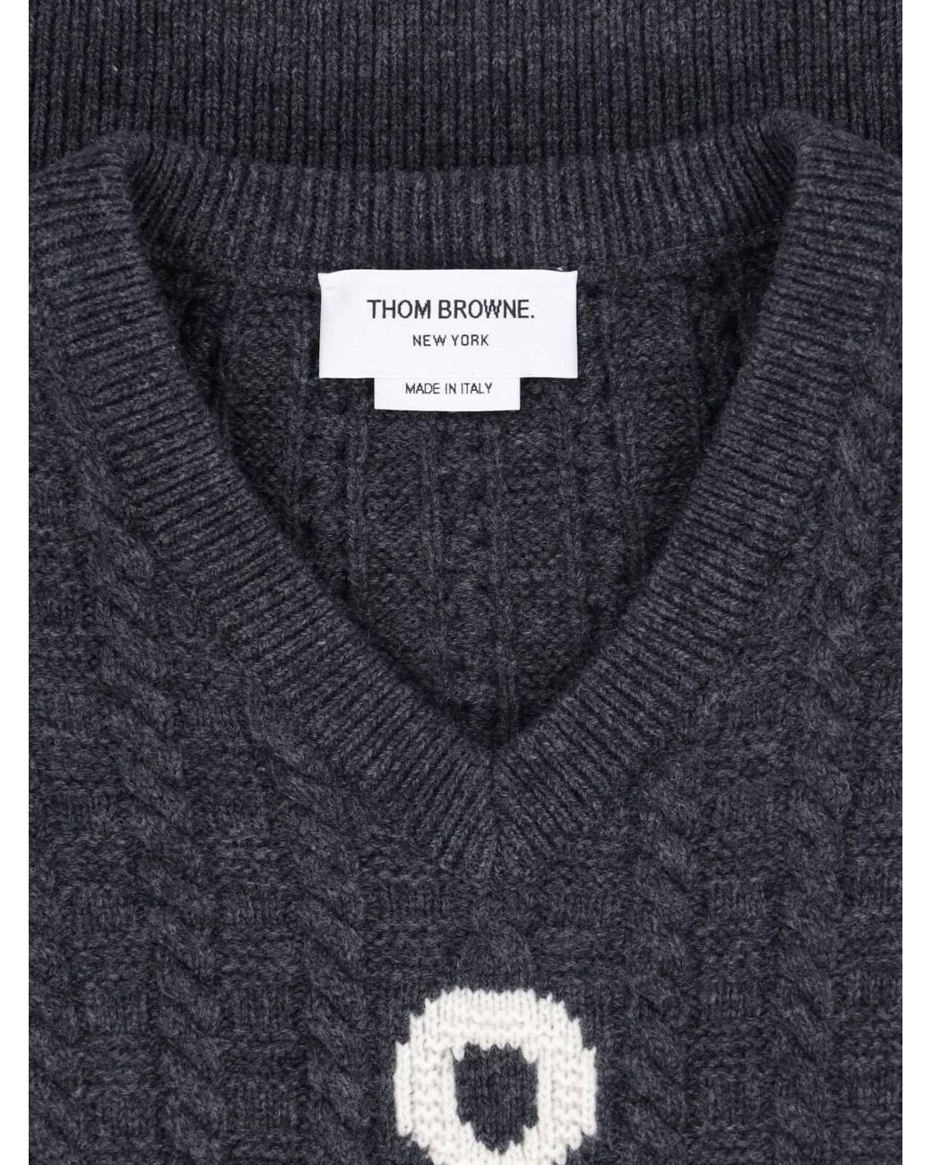 Thom Browne Blue Anchor Intarsia V-Neck Cable-Knit Sweater for men