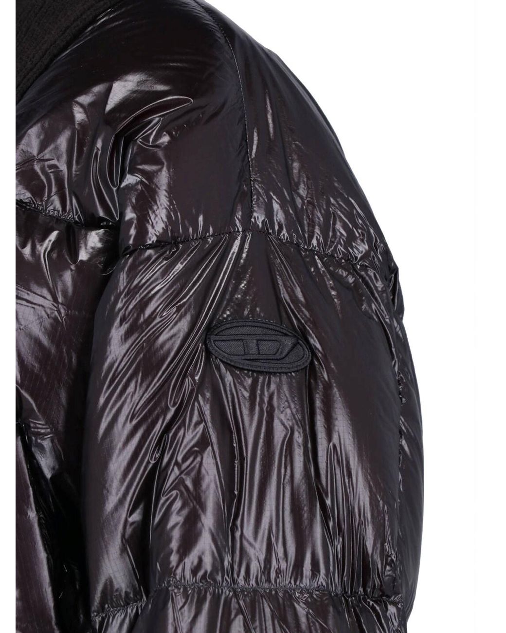 DIESEL Black Cropped Puffer Jacket With Ribbed Knit Stand Collar