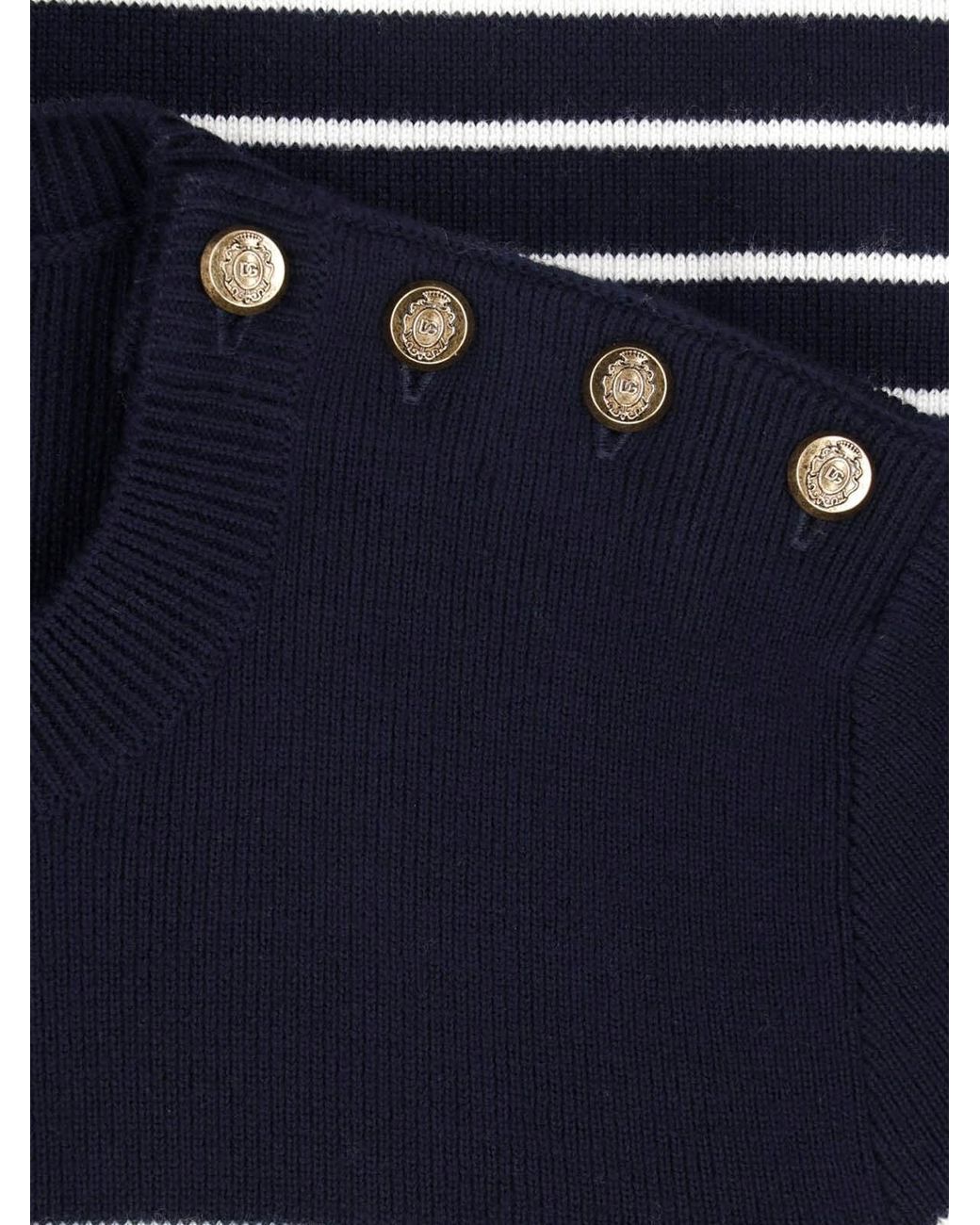 Dolce & Gabbana Blue Striped Knit Sweater With Button Shoulder Detail for men