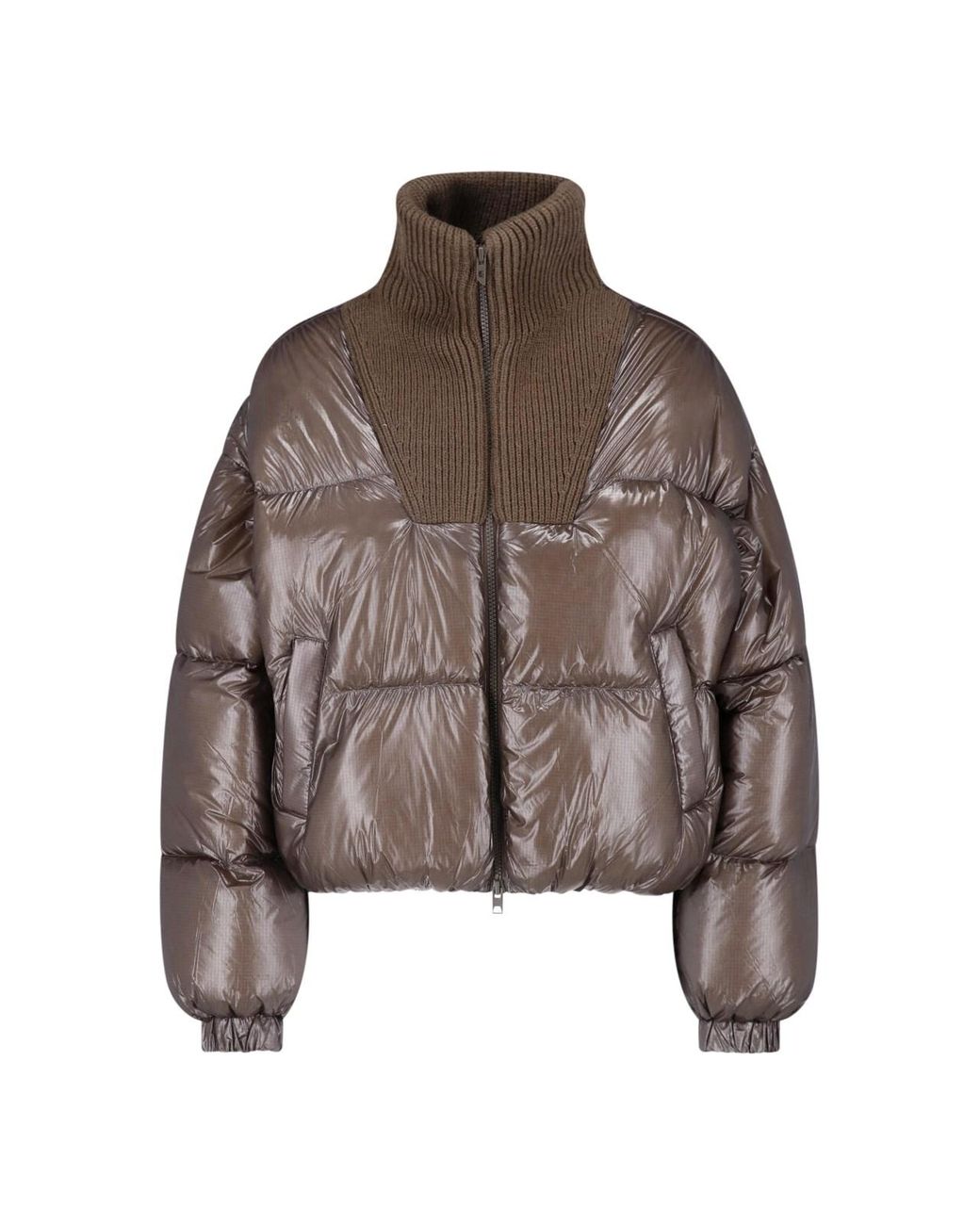 DIESEL Brown Cropped Puffer Jacket With Ribbed Knit Collar And Embroidered Detail