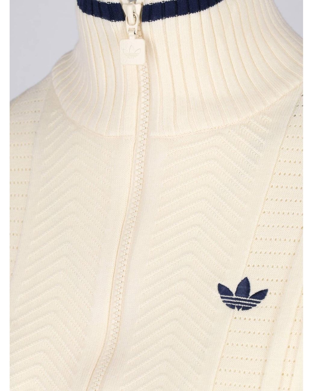 Adidas White Ribbed Zip-Up Knit Jacket