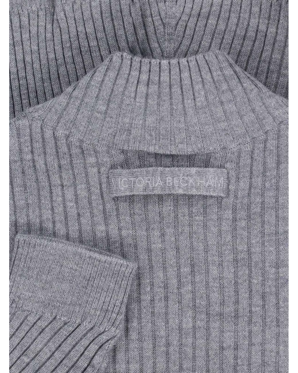 Victoria Beckham Blue Fitted Ribbed Knit Sweater With Subtle V-Neckline