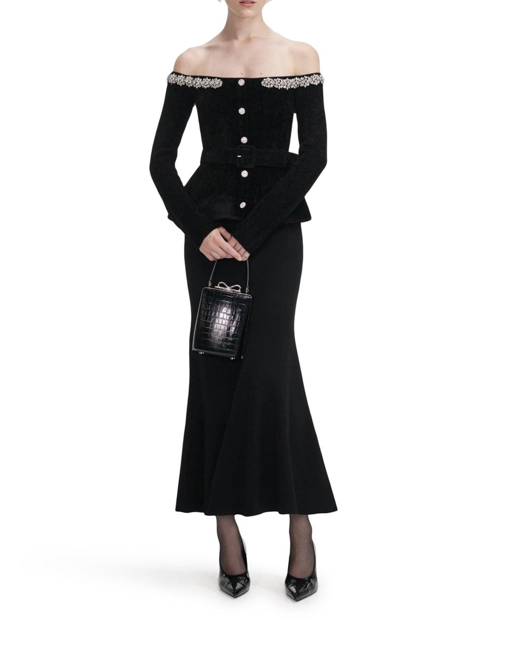 Self-Portrait Chenille Knit Crystal Trim Midi Dress in Black