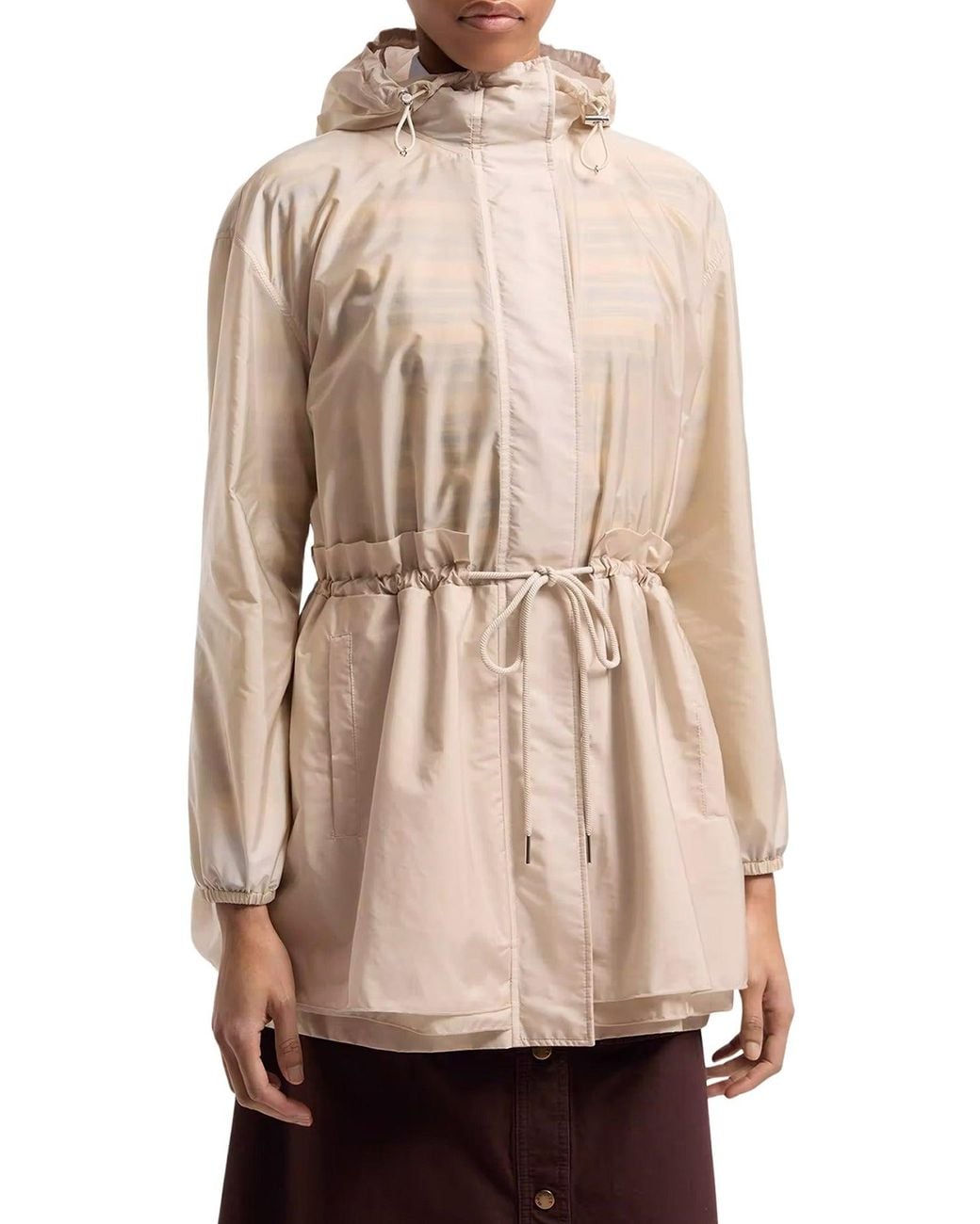 Moncler Natural Midi Weteau Jacket With Hood And Ruffles