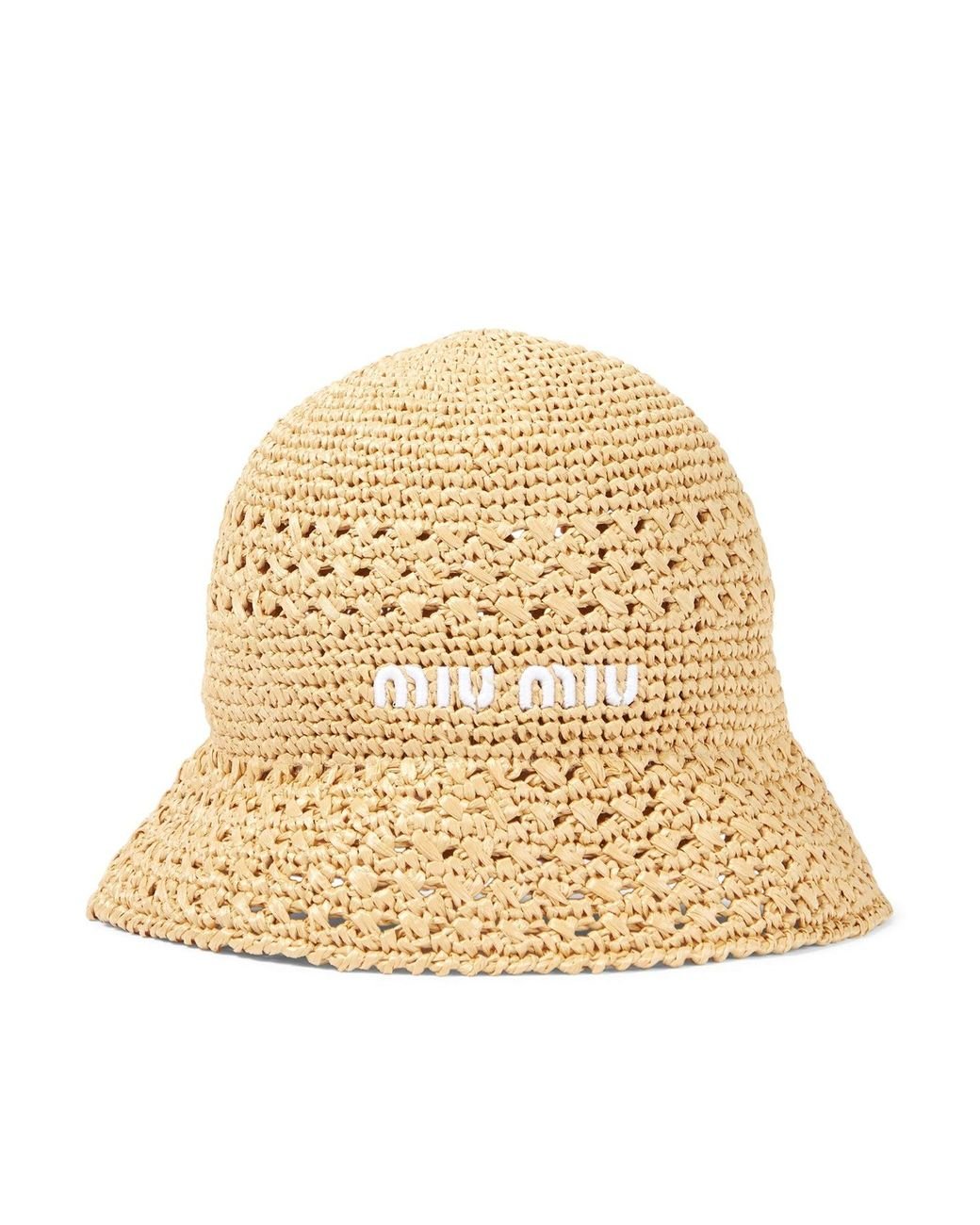 夏にぴったりでロゴがアクセントの≪Miu Miu≫Woven fabric hat Miu Miu Woven Fabric Hat in Natural | Lyst
