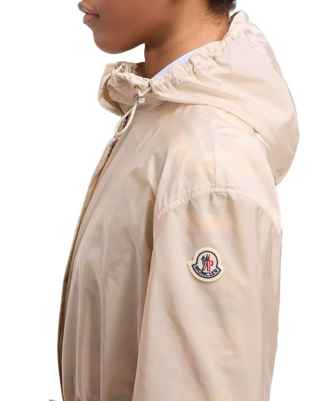 Moncler Natural Midi Weteau Jacket With Hood And Ruffles