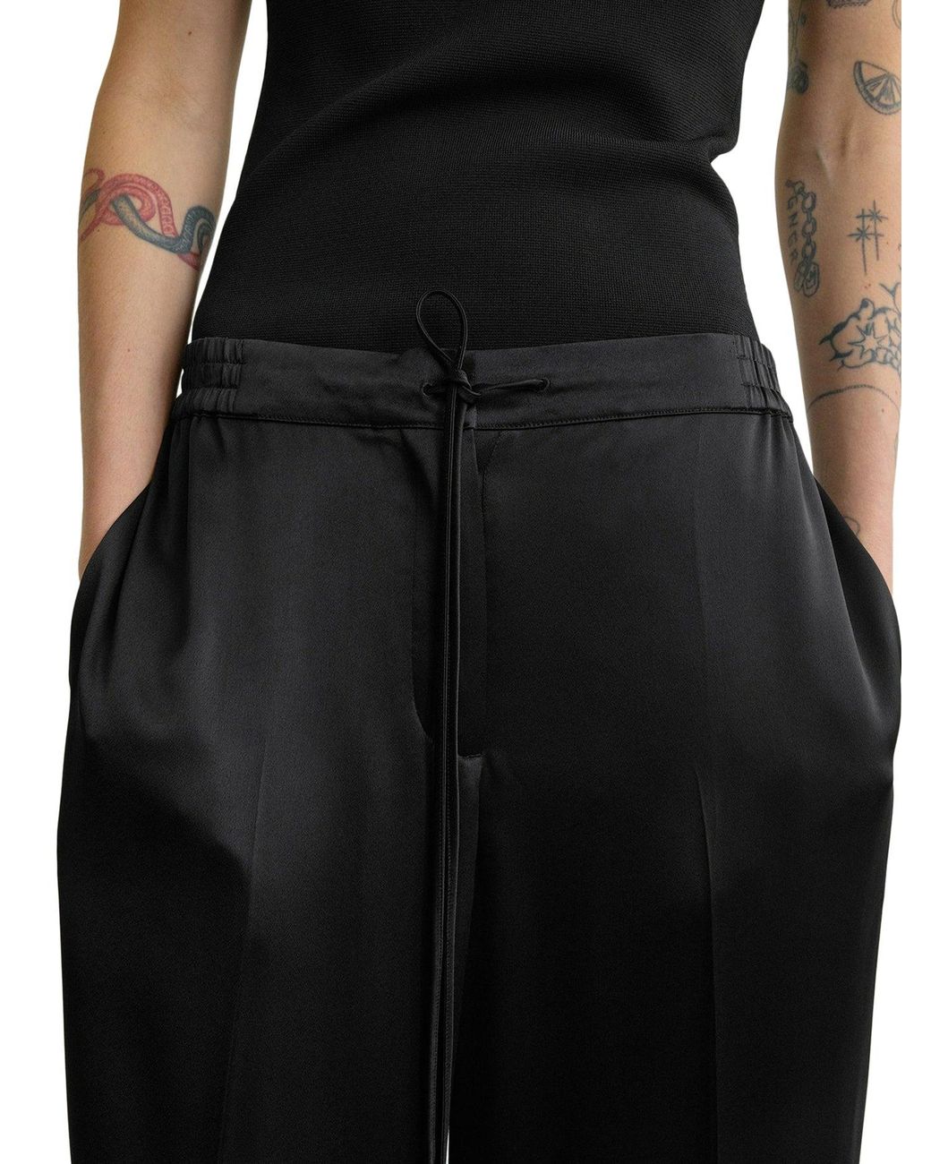 Totême  Blue Wide-Leg Satin Trousers With Drawstring