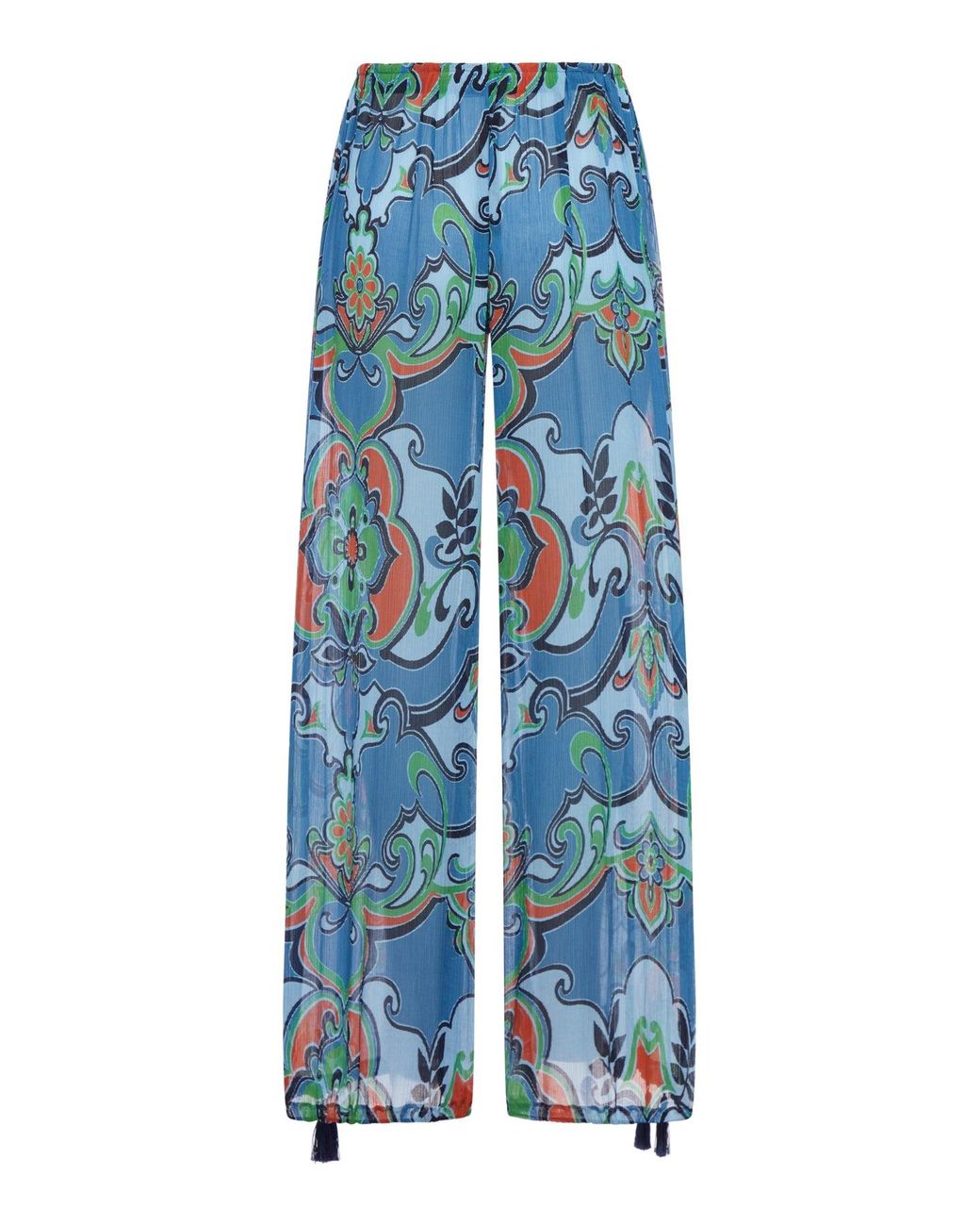 Etro Blue Printed Silk Blend Trousers With Drawstring
