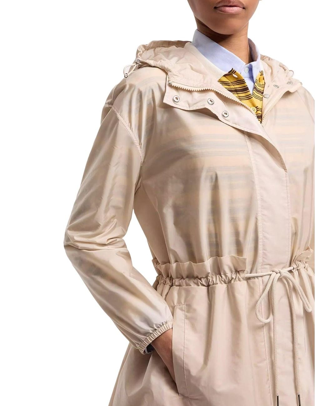 Moncler Natural Midi Weteau Jacket With Hood And Ruffles