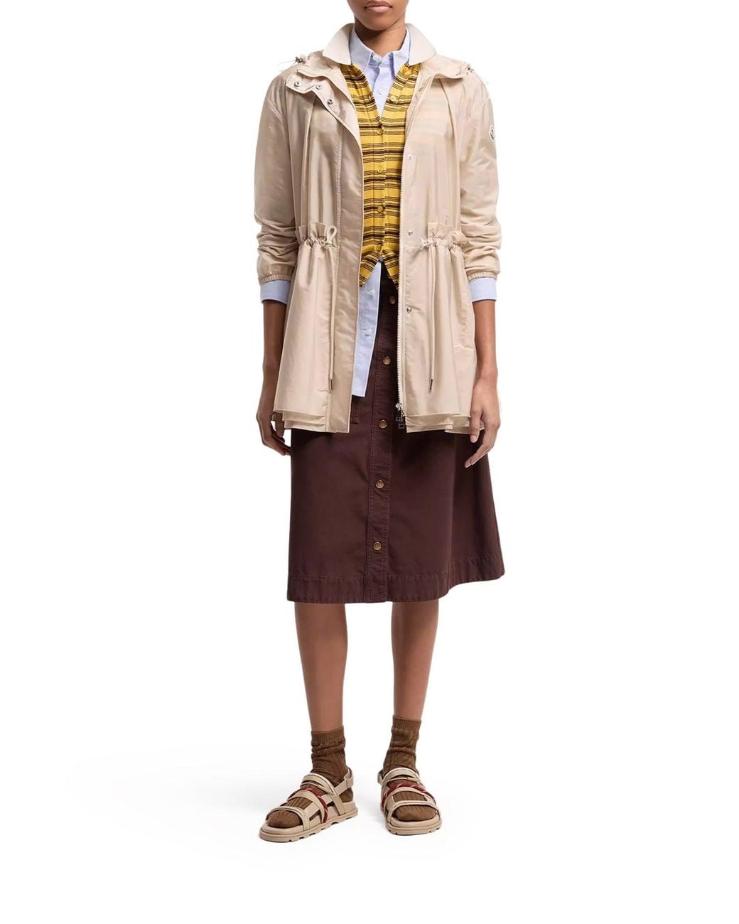 Moncler Natural Midi Weteau Jacket With Hood And Ruffles