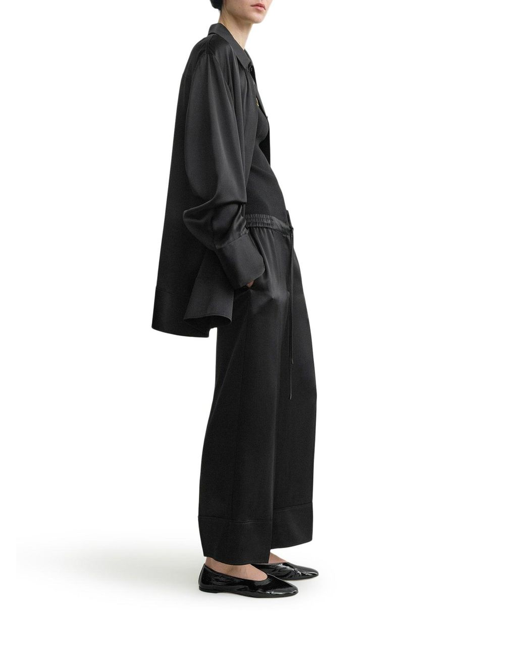 Totême  Blue Wide-Leg Satin Trousers With Drawstring