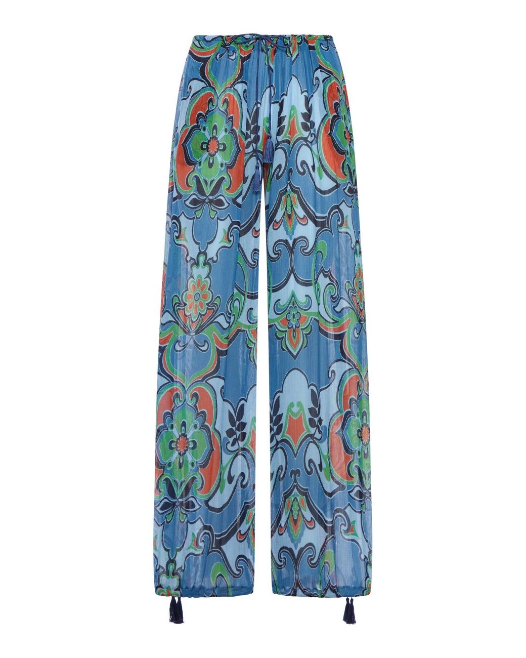 Etro Blue Printed Silk Blend Trousers With Drawstring