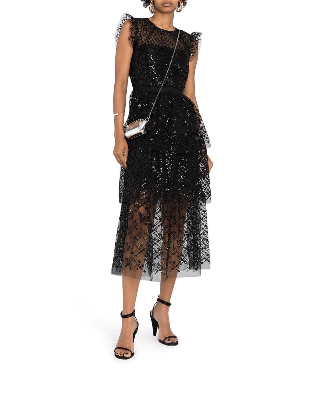 Self-Portrait Black Grid Sequin Tiered Midi Dress | Lyst