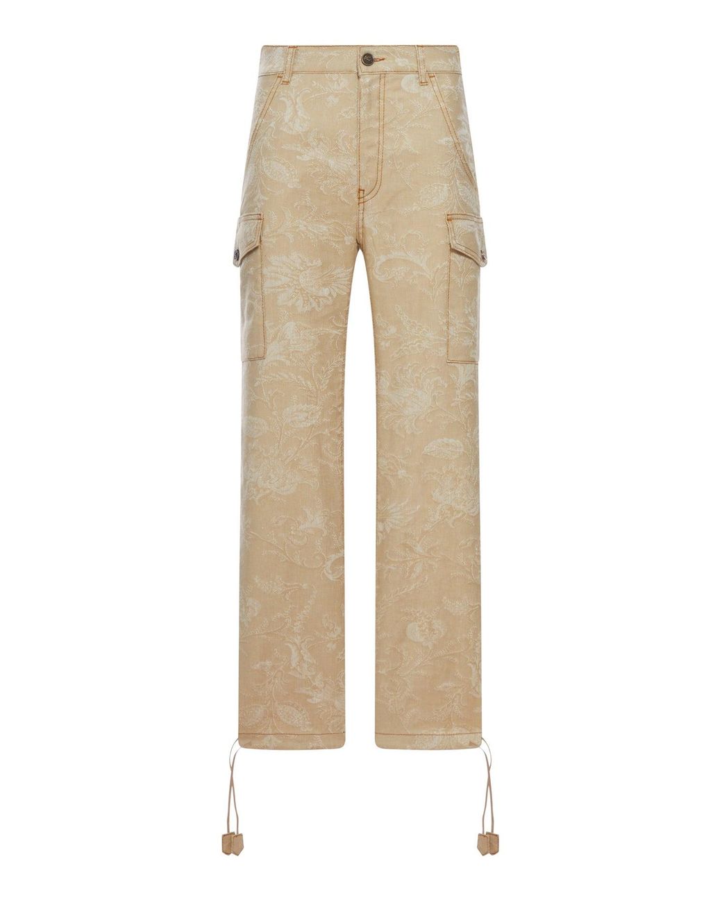 Etro Natural Jacquard Cargo Trousers With Floral Pattern And Drawstring
