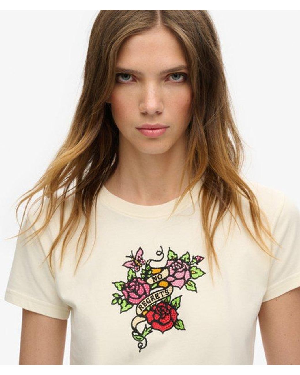 Superdry Natural & Co Embroidered Graphic Small Tattoo Rhinestone Fitted T-shirt